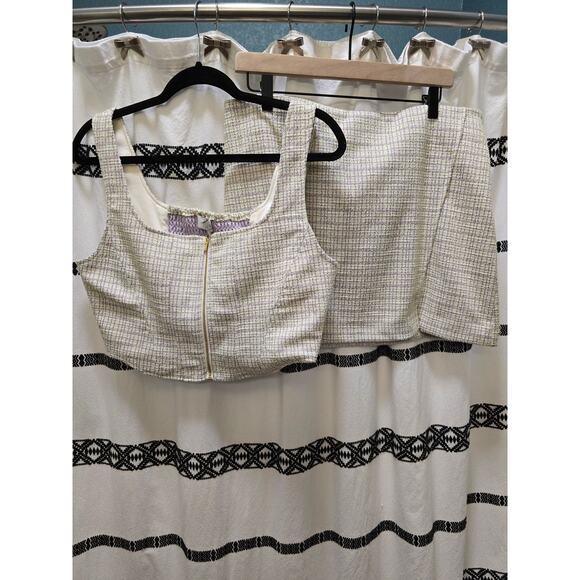 NWT WAYF light green glittery tweed corset style crop top miniskirt set large - Picture 1 of 12